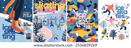 Ice skates. Ice skating on the ice rink. Vector illustration of winter sport, people skating in the park on vacation on weekend, trees, nature for poster, background or flyer