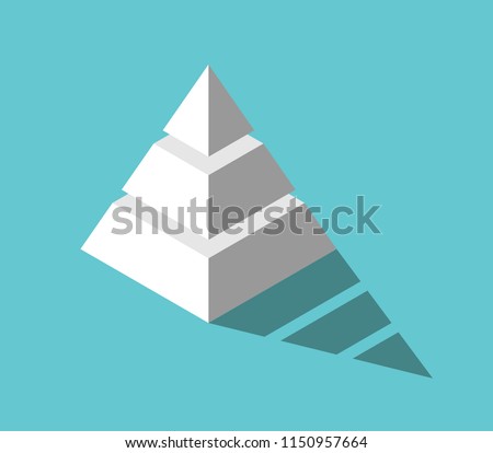 Isometric white pyramid with three levels and drop shadow on turquoise blue background. Hierarchy, structure and development concept. Flat design. Vector illustration, no transparency, no gradients