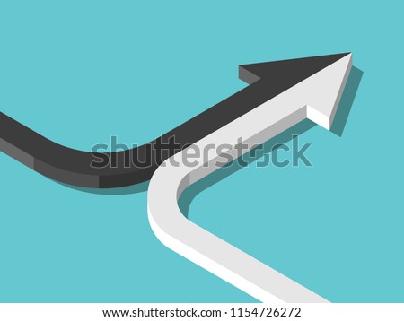 Isometric arrow formed by two merging black and white lines on turquoise blue. Partnership, merger, alliance and integration concept. Flat design. Vector illustration, no transparency, no gradients