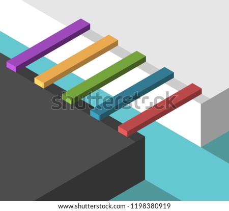 Many different isometric multicolor bridges conncecting two sides. Bridging the gap, problem, choice, crisis and opportunity concept. Flat design. Vector illustration, no transparency, no gradients