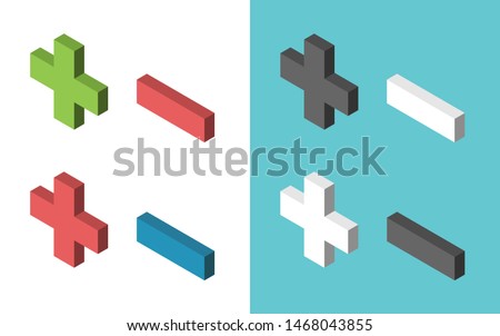 Isometric plus and minus signs of various colors. Graphic elements set. Addition, subtraction, positive and negative concept. Flat design. Eps 8 vector illustration, no transparency, no gradients
