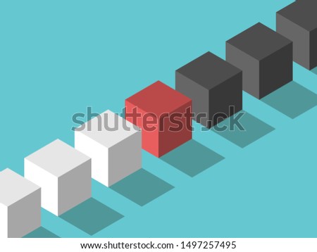 Isometric red mediator cube between white and black ones. Mediation, diplomacy, management, negotiation and arbitration concept. Flat design. EPS 8 vector illustration, no transparency, no gradients