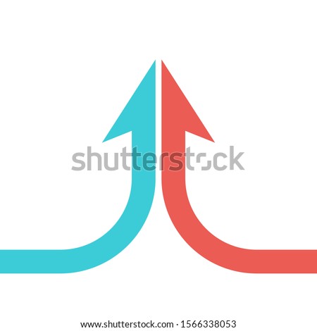 Collaboration, merger, partnership and growth concept. Arrow shaped by two turquoise blue and red parts merging isolated on white. Flat design. Vector illustration, no transparency, no gradients