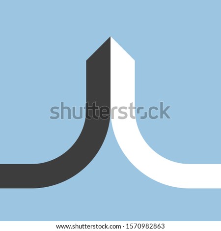 Merger, joining, integrating and partnership concept. Black and white halves merging and forming minimalistic arrow on pale blue. Flat design. Vector illustration, no transparency, no gradients