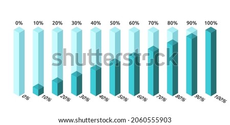 Isometric vertical progress bars, percentage indicators or charts set. Turquoise blue glass or water columns isolated on white. Flat design elements. EPS 8 vector illustration, no transparency