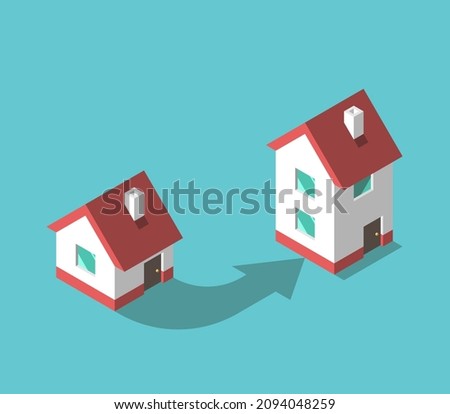 Small and big houses and arrow. Moving house, increase, expanding, improvement, real estate, home purchase and migration concept. Flat design. EPS 8 vector illustration, no transparency, no gradients