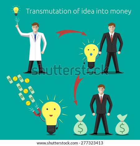 Transmutation of idea into money concept. Creativity, innovation, business, success, money, investments, wealth concept. EPS 10 vector illustration, no transparency
