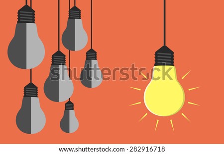 One glowing light bulb hanging beside many gray dull ones. Innovation, motivation, insight, inspiration concept. EPS 10 vector illustration, no transparency