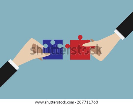 Two hands putting blue and red jigsaw puzzle pieces together. Teamwork, solution, unity, partnership concept. EPS 10 vector illustration, no transparency