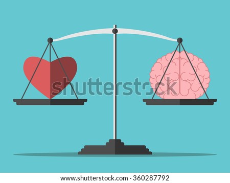 Heart and brain on scales. Balance, love, mind, intelligence, logic concept. Flat style. EPS 8 vector illustration, no transparency