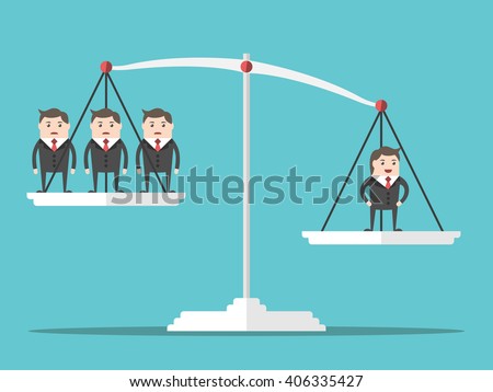 One positive happy successful man outweighing many people on scales. Flat style. Business, success, businessman and leadership concept. EPS 8 vector illustration, no transparency