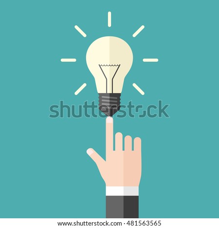 Hand with shining light bulb on blue background. Aha moment, innovation and inspiration concept. Flat design. EPS 8 vector illustration, no transparency