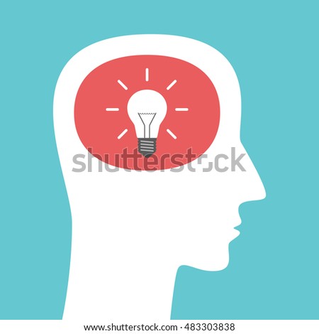 Head silhouette with bright glowing light bulb inside. Idea, intelligence and innovation concept. Flat design. EPS 8 vector illustration, no transparency