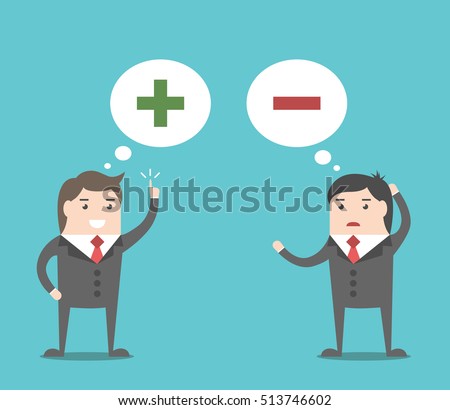Two businessmen with green plus and red minus signs in speech bubbles. Positive and negative thinking concept. Flat design. EPS 8 vector illustration, no transparency