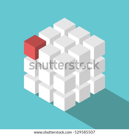 Cube assembled of many white blocks and a red one. Missing piece, uniqueness and teamwork concept. Flat design. EPS 8 vector illustration, no transparency