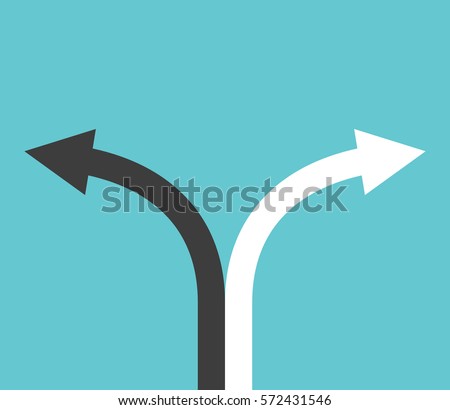 Black and white curved arrows showing directions on turquoise blue background. Choice, goal and decision concept. Flat design. EPS 8 vector illustration, no transparency