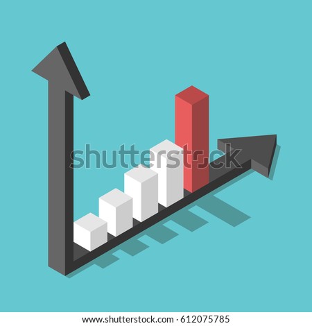 Isometric bar chart with two axes and columns showing rapid increase on turquoise blue background. Growth, development and success concept. Flat design. No transparency, no gradients