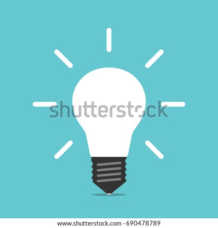 Bright white glowing light bulb on turquoise blue background. Energy, idea, creativity and moment of insight concept. Flat design. EPS 8 vector illustration, no transparency, no gradients