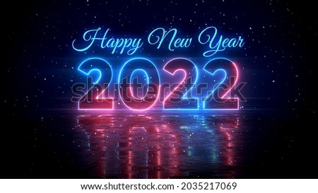 Sweet Red And Blue Glowing Happy New Year 2022 Lettering Neon Light With Floor Reflection Amid The Falling Snow On Dark Background 3d Illustration