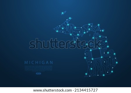 Michigan Map - United States of America Map vector with Abstract futuristic circuit board. High-tech technology mash line and point scales on dark background - Vector illustration ep 10 