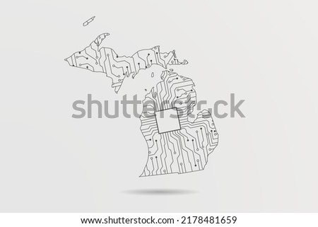 Michigan Map - USA, United States of America Map Vector with futuristic circuit board Illustration or High-tech technology mash line and point scales on white background - Vector illustration ep 10