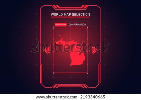 Michigan Map - USA, Unites States of America Map vector template with Red Color in perspective style and HUD, GUI, UI interface isolated on black background for design - Vector illustration eps 10