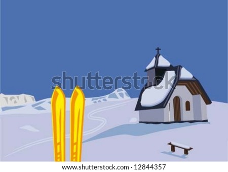 A pair of skis and a chapel in the mountains
