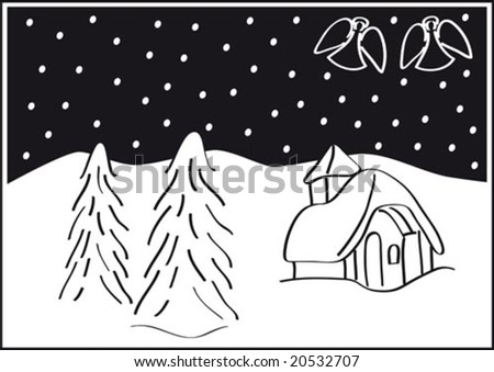 Christmas landscape, trees, snow, angels, and a tiny church. Black and white  vector illustration.