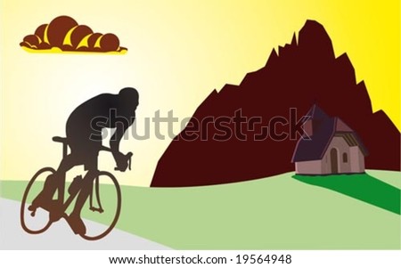 Illustration of a cyclist at sunset in the mountains