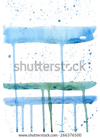 Watercolor background. Blue and green drips, drops, strips of paint.