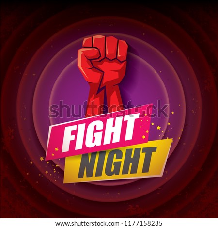 Fight night vector modern poster with text and strong fist. mma, wrestling or fight club emblem design template. fight label isolated on violet background