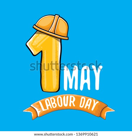 Cartoon Happy labour day vector label isolated on blue. vector happy labor day background or banner with engineer helmet, hummer and wrench. workers may day poster