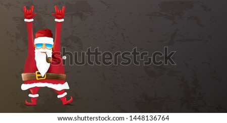 vector DJ rock n roll santa claus with smoking pipe, santa beard and funky hat isolated on grunge horizontal banner background with xmas stars and lights. Horizontal Christmas hipster party poster