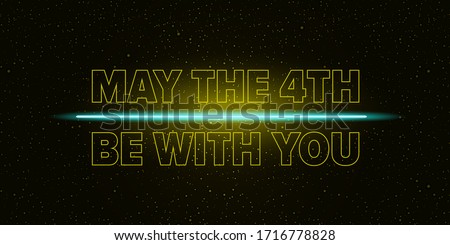 May the 4th be with you holiday greetings vector illustration with text on night space background with glowing stars.  May the fourth be with you lettering. star wars day poster design template