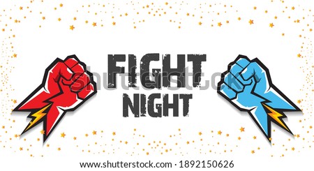 Fight night vector modern horizontal banner or poster with text and strong fist. mma, wrestling or fight club emblem design template. fight label isolated on white background