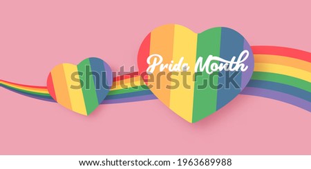 Happy pride month horizontal banner with heart and pride color flag isolated on pink background. Pride month or pride day poster, flyer, invitation party card deign template.