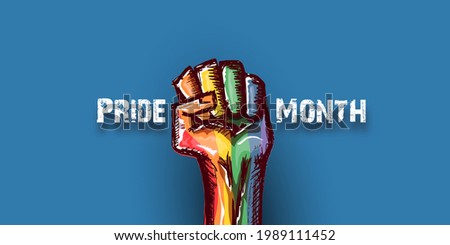 Happy pride month horizontal banner with Rised LGBT fist colored in lgbt flag isolated on blue background. LGBT Pride month or pride day poster design template. Fight for your LGBT rights concept