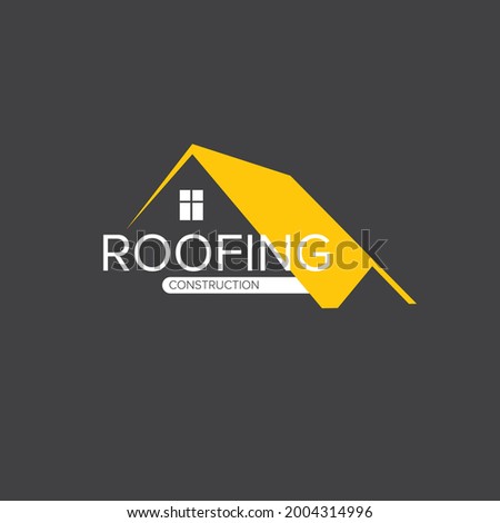 Roofing construction logo design template with roof top and slogan siolated on grey background. Vector Real estate logo or label with stylized roof