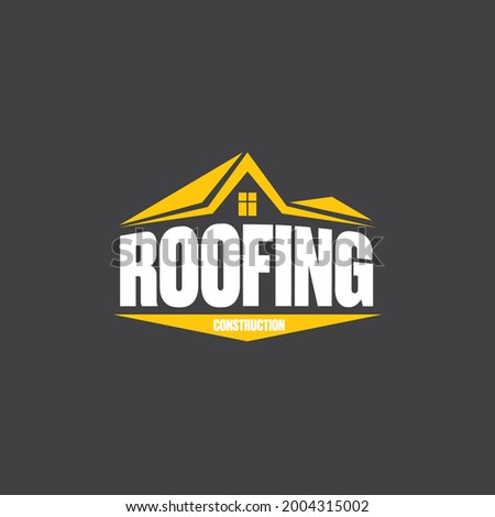 Roofing construction logo design template with roof top and slogan siolated on grey background. Vector Real estate logo or label with stylized roof