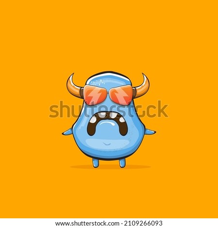 Vector cartoon funny blue monster with horn and sunglasses isolated on orange background. Smiling silly blue monster print sticker design template. Ghost, troll, gremlin, goblin, devil and monster