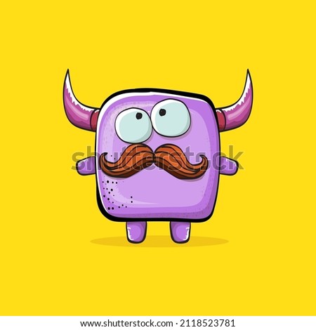 Vector cartoon funny violet monster with horn isolated on yellow background. Smiling silly violet monster print sticker design template. Ghost, troll, gremlin, goblin, devil and monster