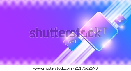 NFT modern violet horizontal banner design template with shiny lights. NFT modern style violet banner, label, sticker, icon, poster and flyer. Non fungible token banner design template