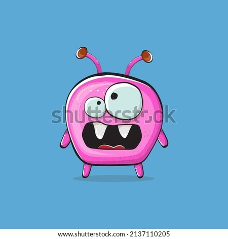 Vector cartoon funny pink alien monster isolated on blue background. Smiling silly pink monster print sticker design template. Cute pink Ghost, troll, gremlin, goblin, devil and monster