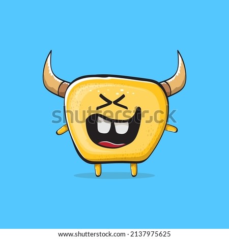 Vector cartoon funny orange monster with horn isolated on blue background. Smiling silly yellow monster print sticker design template. Ghost, troll, gremlin, goblin, devil and monster