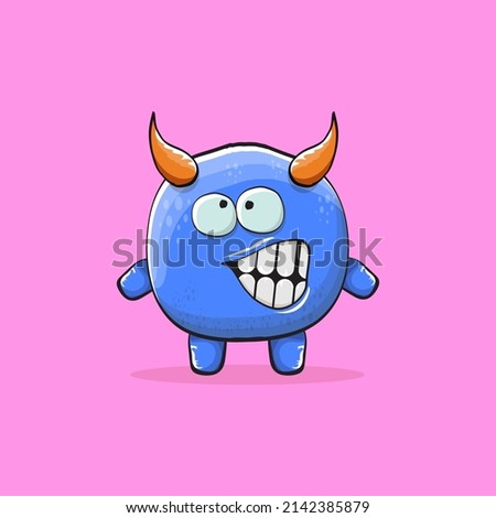 Vector cartoon funny blue monster with horn isolated on pink background. Smiling silly blue monster print sticker design template. Blue Ghost, troll, gremlin, goblin, devil and monster