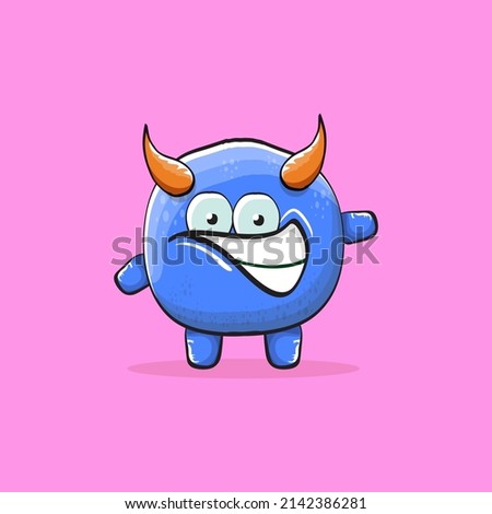 Vector cartoon funny blue monster with horn isolated on pink background. Smiling silly blue monster print sticker design template. Blue Ghost, troll, gremlin, goblin, devil and monster