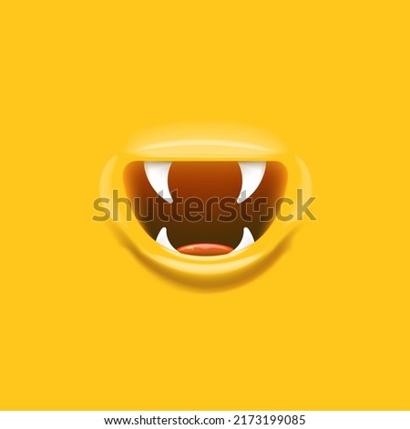 Vector Cartoon vampire mouth with fangs isolated on orange background. Funny and cute Monster mouth with teeth and tongue