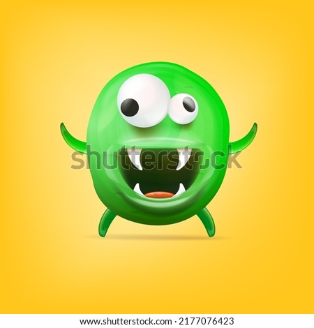 Vector cartoon funny green alien monster isolated on yellow background. Smiling silly green monster print sticker design template. Cute Ghost, troll, gremlin, goblin, devil and halloween monster