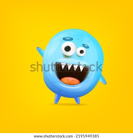 Vector cartoon funny blue alien monster isolated on orange background. Smiling silly blue monster print sticker design template. Cute Ghost, troll, gremlin, goblin, devil and halloween monster