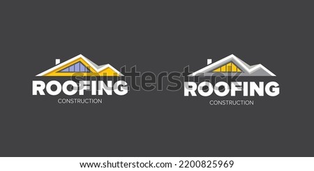 Roofing construction logo set design template with roof top and slogan siolated on grey background. Vector Real estate logo collection or label with stylized roof